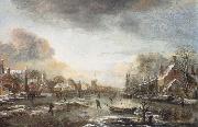 Aert van der Neer A Frozen River by a Town at Evening oil painting